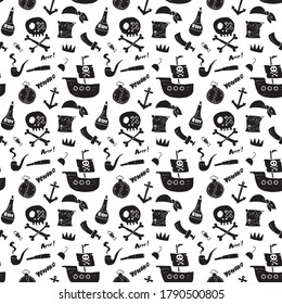 Pirate Doodles Seamless pattern. Cute pirate items sketch. Hand drawn Cartoon Vector illustration.