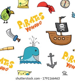 Pirate Doodles Seamless pattern. Cute pirate items sketch. Hand drawn Cartoon Vector illustration.