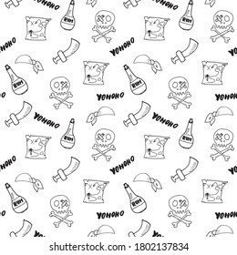 Pirate Doodles Seamless pattern. Cute pirate items sketch. Hand drawn Cartoon Vector illustration.