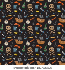 Pirate Doodles Seamless pattern. Cute pirate items sketch. Hand drawn Cartoon Vector illustration.