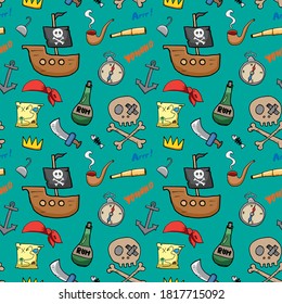 Pirate Doodles Seamless pattern. Cute pirate items sketch. Hand drawn Cartoon Vector illustration.