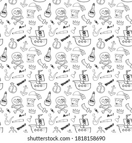 Pirate Doodles Seamless pattern. Cute pirate items sketch. Hand drawn Cartoon Vector illustration.