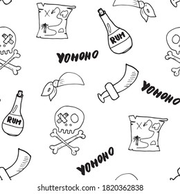 Pirate Doodles Seamless pattern. Cute pirate items sketch. Hand drawn Cartoon Vector illustration.