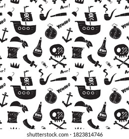 Pirate Doodles Seamless pattern. Cute pirate items sketch. Hand drawn Cartoon Vector illustration.