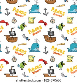 Pirate Doodles Seamless pattern. Cute pirate items sketch. Hand drawn Cartoon Vector illustration.