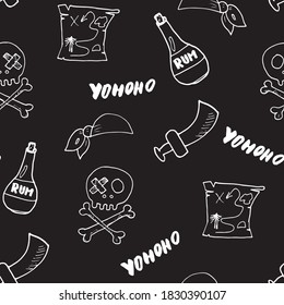 Pirate Doodles Seamless pattern. Cute pirate items sketch. Hand drawn Cartoon Vector illustration.