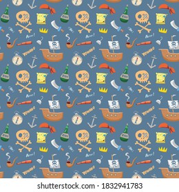 Pirate Doodles Seamless pattern. Cute pirate items sketch. Hand drawn Cartoon Vector illustration.