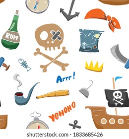 Pirate Doodles Seamless pattern. Cute pirate items sketch. Hand drawn Cartoon Vector illustration.