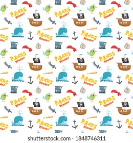 Pirate Doodles Seamless pattern. Cute pirate items sketch. Hand drawn Cartoon Vector illustration.