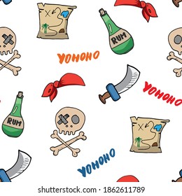 Pirate Doodles Seamless pattern. Cute pirate items sketch. Hand drawn Cartoon Vector illustration.