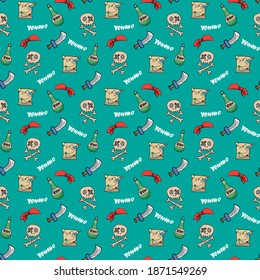Pirate Doodles Seamless pattern. Cute pirate items sketch. Hand drawn Cartoon Vector illustration.