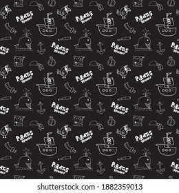 Pirate Doodles Seamless pattern. Cute pirate items sketch. Hand drawn Cartoon Vector illustration.