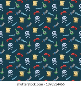 Pirate Doodles Seamless pattern. Cute pirate items sketch. Hand drawn Cartoon Vector illustration.