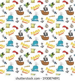 Pirate Doodles Seamless pattern. Cute pirate items sketch. Hand drawn Cartoon Vector illustration.