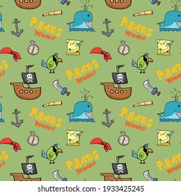 Pirate Doodles Seamless pattern. Cute pirate items sketch. Hand drawn Cartoon Vector illustration.