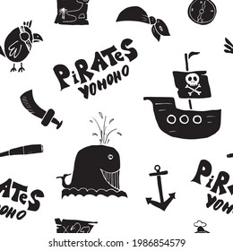 Pirate Doodles Seamless pattern. Cute pirate items sketch. Hand drawn Cartoon Vector illustration.
