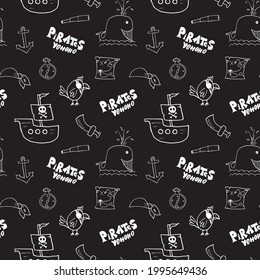 Pirate Doodles Seamless pattern. Cute pirate items sketch. Hand drawn Cartoon Vector illustration.