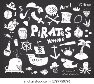 Pirate Doodles Set. Cute pirate items sketch collection. Hand drawn Cartoon Vector illustration on chalkboard background.