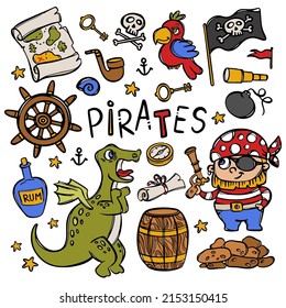 PIRATE AND DRAGON Dinosaur Parrot Rum Bottle And Other Sea Travel Attributes Hand Drawn Cartoon Objects Vector Illustration Clip Art Set For Design And Print