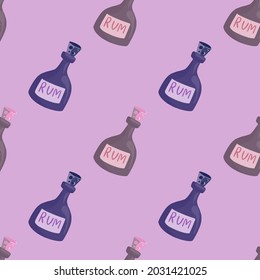 El pirata bebe sin fisuras con elementos de botellas de ron. Fondo pastel de Lilac. Fondo de alcohol. Diseñado para el diseño de tejidos, impresión textil, envoltura, cubierta. Ilustración vectorial.