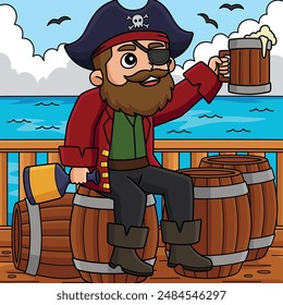 Pirate Drinking Rum Colored Cartoon Illustration