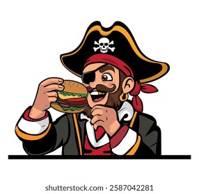 Pirate eating a burger, vector illustration for themed cafeterias, icon for burger restaurant, white background.