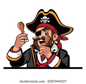 Pirate eating a chicken leg, vector illustration.