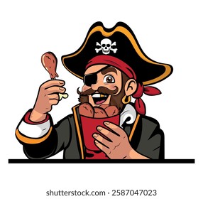 Pirate eating fried chicken in bucket, vector illustration.