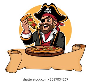 Pirate eating pizza, vector illustration for themed pizzerias, icon for pizzeria, white background.