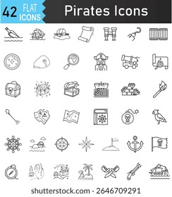 Conjunto de ícones de traçado editável pirata. Caça ao tesouro estilo linear pirata aventura, mapa símbolos de navegação para exploração: mapa, bússola, navio, baú do tesouro, caminho, localização, ondas.