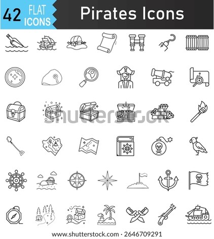 Pirate Editable Stroke Icon Set. Treasure hunt linear style pirate adventure, map navigation symbols for exploration: map, compass, ship, treasure chest, path, location, waves.