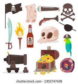 Conjunto de elementos piratas. Cránulos y cruces, loro, espada, viejo mapa, bandera negra, cañón, antorcha, pecho con cinta de correr, brújula y vectores de armas iconos de caricatura aislados en un fondo blanco.