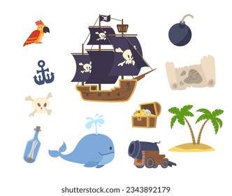 Pirate elements and accessories set, cartoon flat vector illustration isolated on white background. Cute parrot, treasure map, boat, island with palm trees and cannon.
