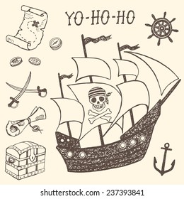 Pirate elements set. Hand drawn vector illustration.