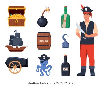 Pirate elements set. Pirates theme illustrations with ship, captain, chest, map, parrot, rum, cannonball. Funny pirate party icons. Vector illustration