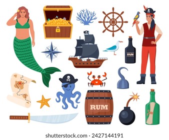 Pirate elements set. Pirates theme illustrations with ship, captain, chest, map, parrot, rum, cannonball. Funny pirate party icons. Vector illustration