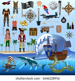 Pirate Elements Vector Kit - Posable Dressable Characters with Detailed Costumes - Objects Animals & Elements - For print, web, apps, games, media
