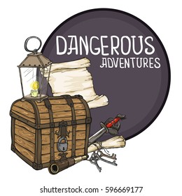 Pirate emblem with chest, lamp, maps, sword and keys on circle background. Vector illustration