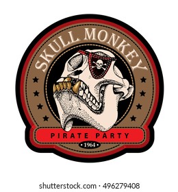 Pirate Emblem with image of a skull monkey with gold teeth. Vector illustration.
