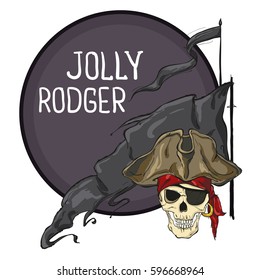 Pirate emblem with skull and black flags on circle background. Vector illustration