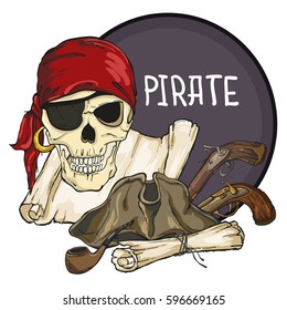 Pirate emblem with skull, hat, maps, pistols, and smoking pipe on circle background. Vector illustration