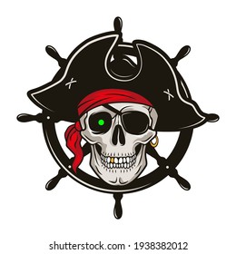 Piratenschild mit Lenkrad und Schädel in einem Hut und Augenpflaster. Vektorgrafik, handgezeichnet, einzeln auf weißem Hintergrund