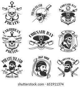 pirate emblems on white background. Corsair skulls, weapon, swords,guns. Design elements for logo, label, emblem, sign, poster, t-shirt. Vector illustration