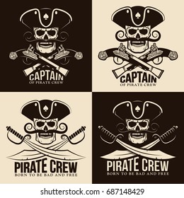 Pirate emblems with a skull in a cocked hat in a retro style. Vintage jolly roger. Vector illustration.