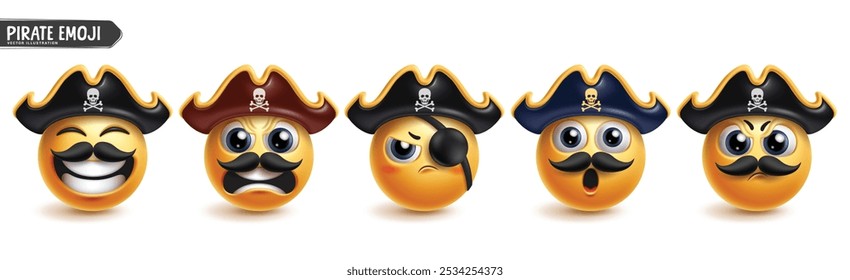 Emoji-Zeichensatz für Piraten. Emojis 3D Figuren in Piraten, Kapitän und Seemann Beruf gelbe runde Ikonenelemente tragen Patch und Hut Kostüm Sammlung. Vektorgrafik Seemann