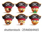 Pirate emoji characters vector set. Emoji captain seafarer clip art character in tired, angry, vomit, exhausted, mad and pinocchio facial expression wearing skull hat collection. Vector illustration 