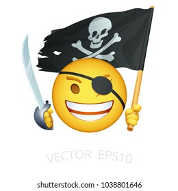 Pirate emoji. Vector smiley of Caribbean corsair. One-eyed seadog shows a sly smile. Funny character with a blindfold holds naval cutlass and waving tattered black Jolly Roger flag. Isolated emoticon.