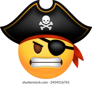 Eine Piraten-Emoticon-Figur mit Hut, Bandana und Augenklappe. Der Schädel und die Querknochen stellen das ikonische Symbol der Piraterie dar. 