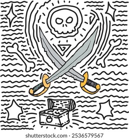 Pirate equipment with doodle art hand drawn outline decoration. Crossed swords simple childish and cartoonish decoration with line scribble art. Sharp blades in action pen drawing logo detail.