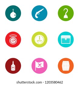 Pirate event icons set. Flat set of 9 pirate event vector icons for web isolated on white background
